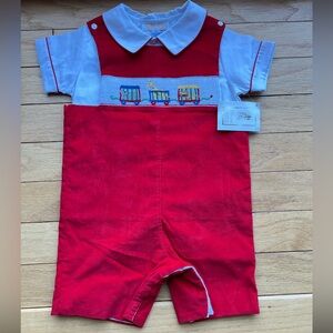 Anavini Wale Red Corduroy Train with Animals Smocked Kids Overalls 4T